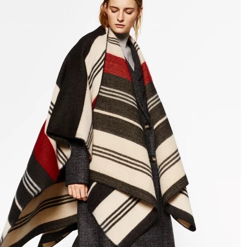 Zara (M) Striped Oversized Cape Poncho Shawl Wrap Red Black Cream Blanket Wrap